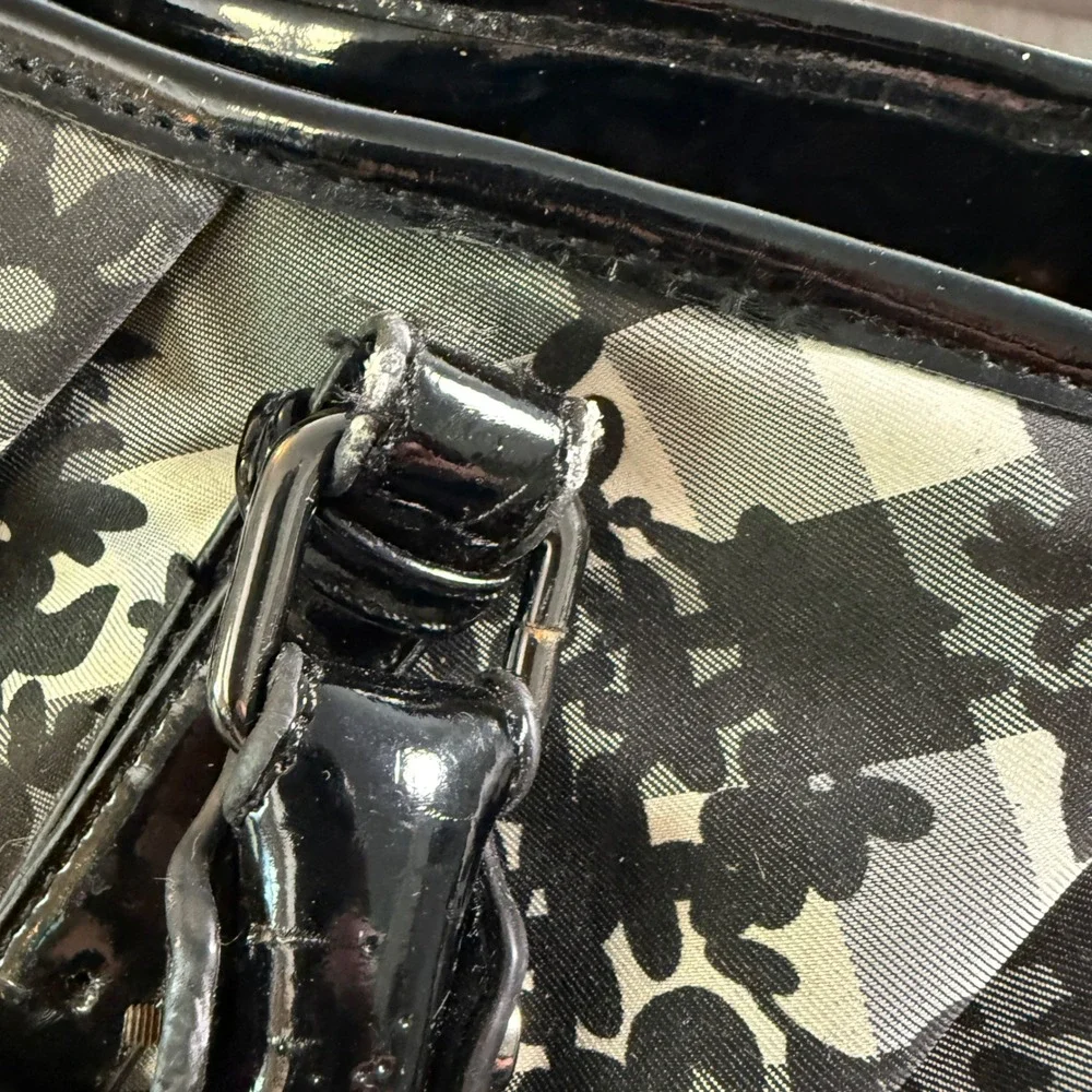 Floral Plaid Check Satchel Bag‎ Black White Patent Trim Purse Tote Crossbody